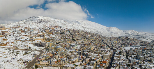 Israel Hermon mountain and town of Majdal Shams covered with snow