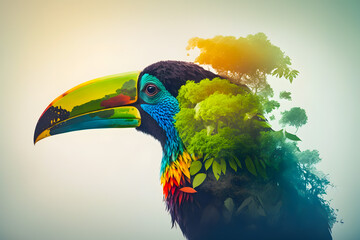 Head of toucan profile silhouette with leaves of tropical vegetation of exotic forests. The concept of protecting animals and forest environment. Generative AI - obrazy, fototapety, plakaty