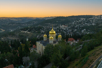 Golden domes of Gorny Monastery in Jerusalem, Early morning aerial shot