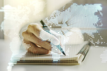 Multi exposure of abstract graphic world map and man hand writing in diary on background, big data and networking concept