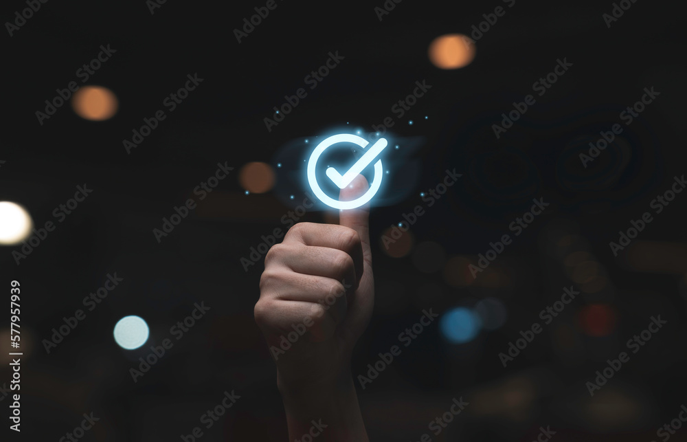 Poster businessman hand thumb up with virtual correct sign or tick mark for approve quality assurance and g