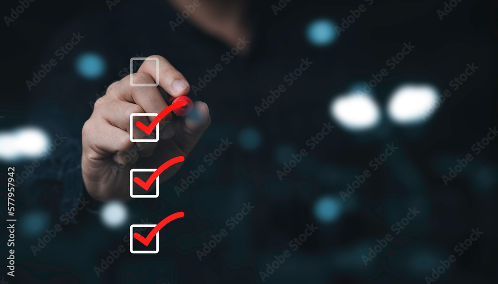 Poster Business use red pen to tick check mark for quality assurance check list concept.