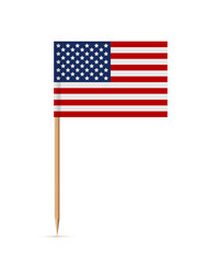Obraz premium Miniature rectangle paper American flag on wooden stick or toothpick. Decoration for cupcake or other food. 4th of July, Independence or Presidents Day of USA, United States of America