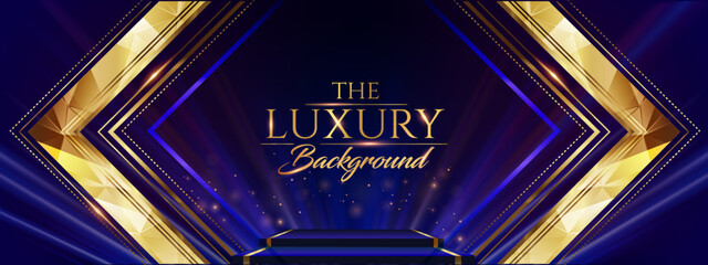 Blue Golden Polygonal Edge Frame Stage Spotlights. Royal Awards Graphics Background. Lights Elegant Shine Modern Template. Luxury Premium Corporate Template. Diamond shape Abstract trophy Certificate 