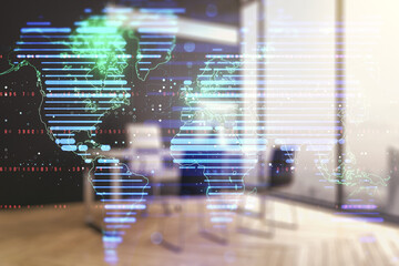Double exposure of abstract digital world map and modern desktop with laptop on background, research and strategy concept