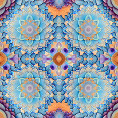 Pattern of flowers in multi colors for flips mirror pattern. Rapport seamless of beautiful flowers with relief for pattern in blue background. Generative AI. Pattern mirrored repeat duplicates backdro