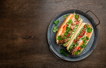 Sandwich Banh mi, vietnamese cuisine, top view, copy space