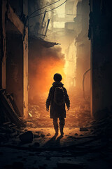 child on street of bombed city in burning ruins. concept no war. Generative AI
