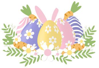 Easter egg with buny and flower transparent backgound, Easter day Png