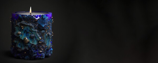 blue burning candle in the dark. Generative AI image.