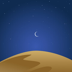 Night Sky of Ramadan Kareem Eid Mubarak Crescent Moon Sand Dune Stars Blue Background Template Art