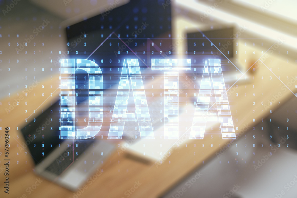 Poster creative data word hologram and modern desk with computer on background, big data and blockchain con