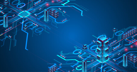 Isometric big data concept, database. Abstract technology background.