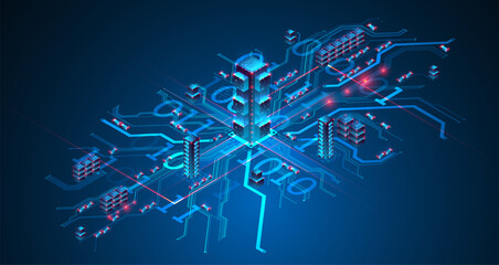 Isometric big data concept, database. Abstract technology background.