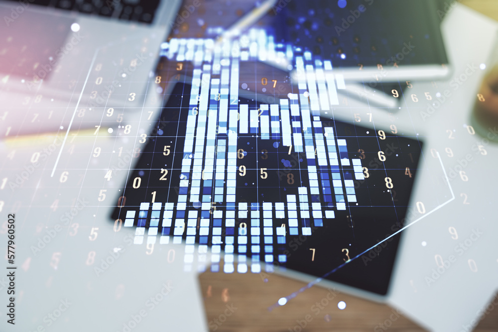 Poster double exposure of creative bitcoin symbol hologram and modern digital tablet on background. mining 