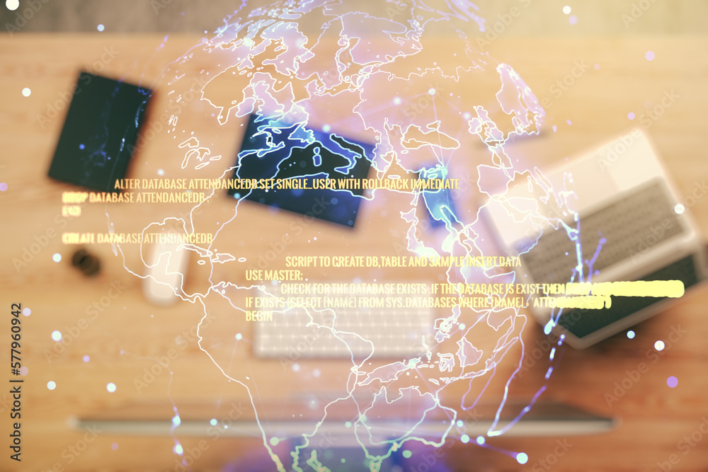 Poster double exposure of abstract creative programming illustration with world map on computer background,