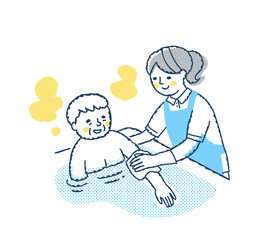 シニア女性の入浴介助をしている介護スタッフ