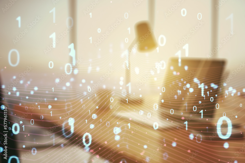 Fototapete Creative abstract binary code hologram on modern computer background, AI and machine learning concept. Multiexposure