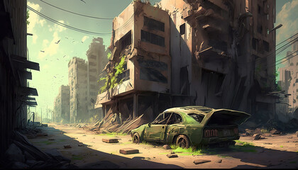 a destroyed radioactive car in a war town, anime manga art, generative ai technology
