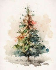 Watercolor illustration of a decorated Christmas tree on a white background. Generative AI