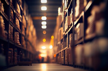 Warehouse aisle. Store room with storage shelves, boxes, packages. AI generative