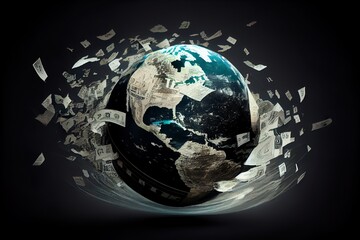 Earth globe, planet with paper money, global currency, cash flying around. AI generative - obrazy, fototapety, plakaty