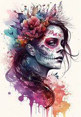 Watercolor style of a woman with a traditional day of the dead (dia de los muertos) skull mask. Isolated on white background, colorful. 