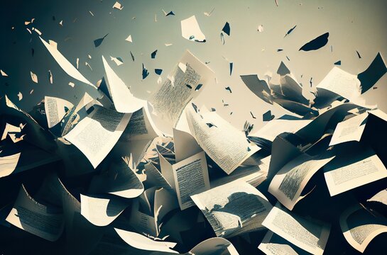 Flying paper pages, documents background. AI generative