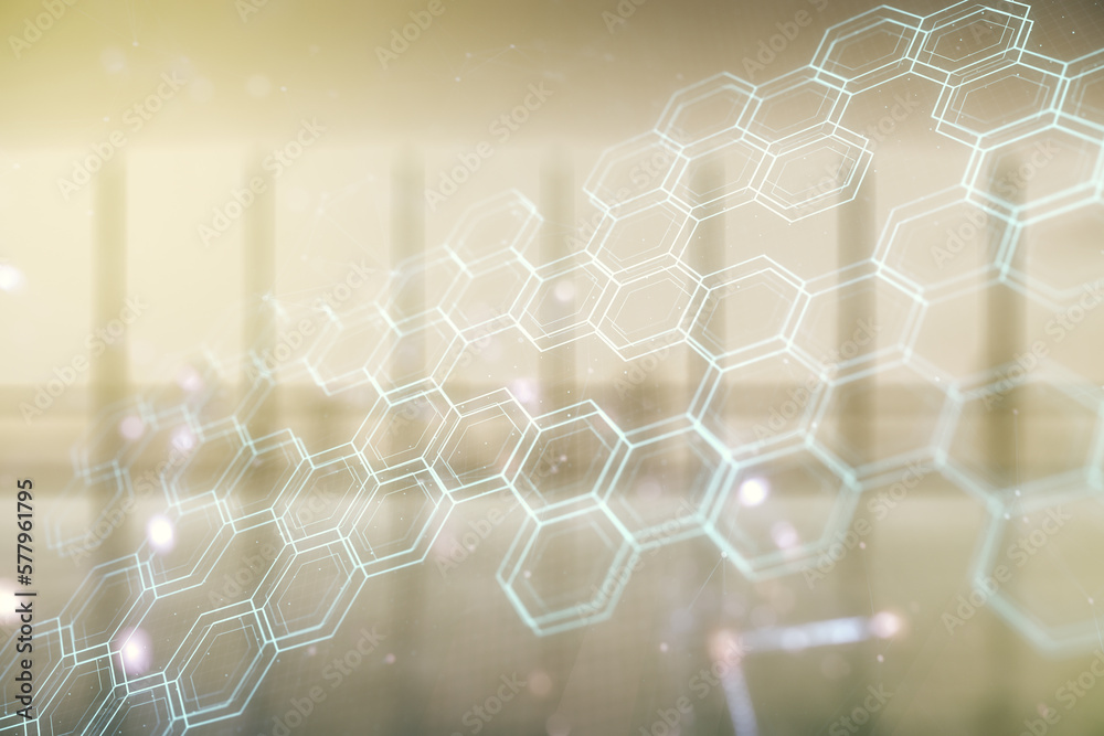 Poster abstract virtual wireless technology hologram with hexagon on empty modern office background. big da