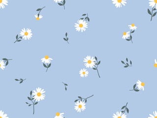 Seamless pattern with chamomiles daisy flower on blue background vector.
