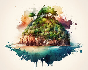Illustration of an island covered in vegetation. Colorful watercolor style, Generative AI
