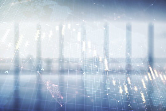 Multi exposure of virtual abstract financial chart hologram and world map on empty modern office background, research and analytics concept