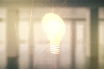 Virtual Idea concept with light bulb illustration on empty corporate office background. Multiexposure