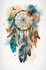A colorful dreamcatcher on white with feathers. Watercolor, Generative AI