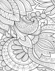 Floral decorative mehndi design style coloring book page illustration for adults and children