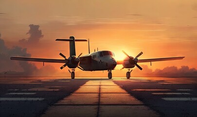Fototapeta na wymiar a plane is sitting on the runway at sunset or dawn. generative ai