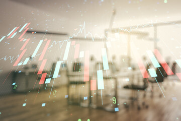 Abstract virtual crisis chart illustration on a modern furnished office background. Global crisis and bankruptcy concept. Multiexposure