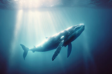 Naklejka premium Blue whale swimming underwater. Marine animals wallpaper. Generative AI