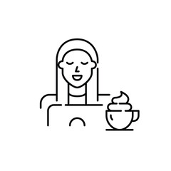 Girl having coffee with whipped cream on top while studying at her laptop. Pixel perfect, editable stroke icon