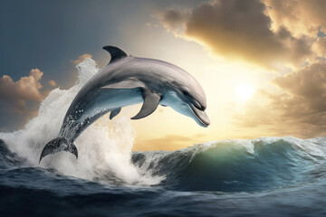 Grey dolphin jumps out of the water over breaking waves. Marine animals wallpaper. Generative AI