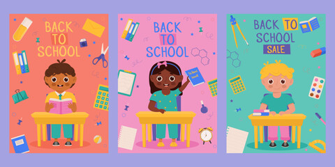 Set of Back to school banner design with colorful funny school character, education items. Colorful back to school templates for invitation, poster, banner, promotion,sale etc.