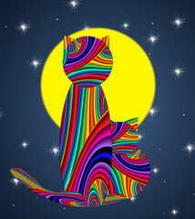 Full moon with cats. Silhouette of animal in night sky with full moon and stars. - 577962960