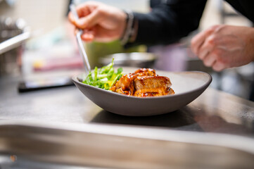 chef hand cooking donburi bowl food in the restaurant kitchen