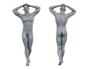 3D Render : Portrait of silver, iron metal texture male dummy character is standing with hands over head, PNG transparent