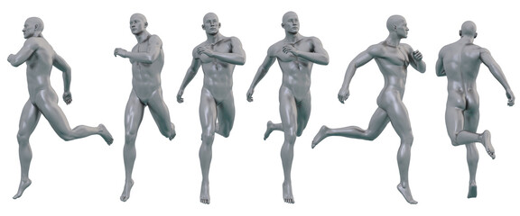 3D Render : Portrait of silver, iron metal texture male dummy character is running, PNG transparent