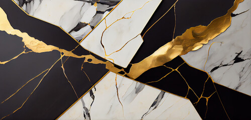 Gold kintsugi crack pattern on black, white color background. Golden texture. Broken marble luxury stone pattern effect. generative AI digital illustration.