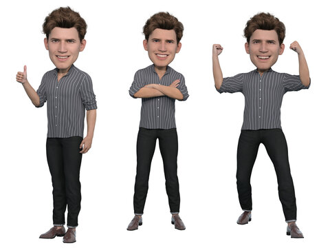 3D render : isolated happy Big head male character on white background with 3 different pose
