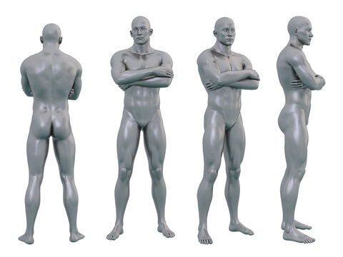 3D Render : Portrait of silver, iron metal texture male dummy character is standing with  crossing arms, PNG transparent