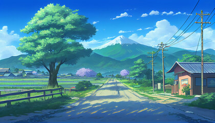 Beautiful Rural Village Mountain Nature Anime Background Landscape Illustration. Generative AI.