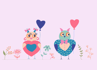 Couple of owl in flat style with balloons and hearts